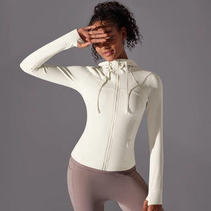 Detail of slim fit hooded sports jacket with thumbhole cuffs and zip closure