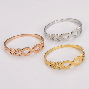 Infinity knot stainless steel bangle set in rose gold, silver, and gold finishes