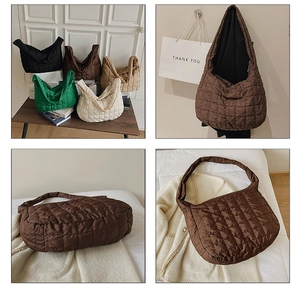 Quilted nylon tote bag detail showing lightweight padded fabric and five color options