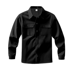 Detail of black fleece-lined shirt jacket with pointed collar and buttoned chest pockets