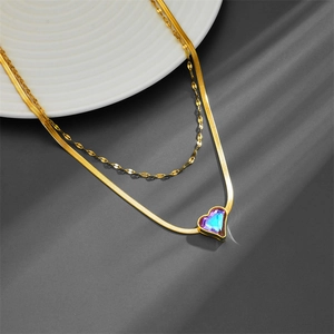Double layered gold necklace with heart purple gradient pendant and snake chain