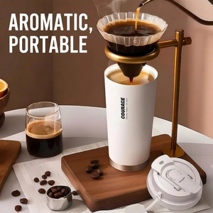 Modern white insulated coffee mug with metal stand and wave pattern glass filter set