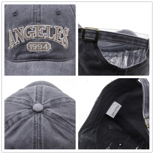Detailed views of cotton baseball cap with Angeles 1994 embroidery and adjustable buckle