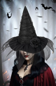 Detail of gothic witch hat featuring black lace, rose decor, and sheer mesh veil