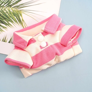 Detail of pink and white striped polo pet shirt with breathable pique cotton fabric