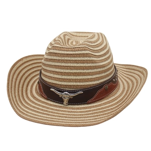 Western Straw Cowboy Hat Wide Brim Striped Sun Protection With Wind Rope Bull Head Metal Decor For Men Women