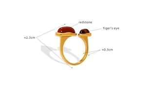 Detailed size specifications of the gold-plated tiger's eye and red stone ring