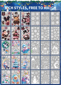 Grid view of 30 festive Christmas window stickers featuring Santa, snowmen, and elk motifs