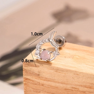 Fishtail stud earring in silver with pink gemstone and zircon crystals 1.0cm