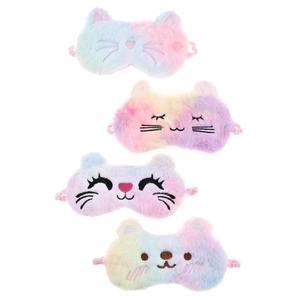 Set of four plush animal sleep masks in soft gradient colors for kids and adults