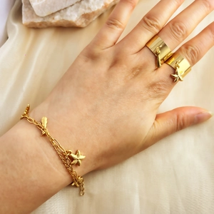 Chic gold-plated stainless steel jewelry set with double-layer starfish pendant bracelet