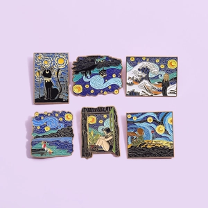 Set of 6 artistic enamel pins featuring Van Gogh Starry Night and cartoon mashup designs