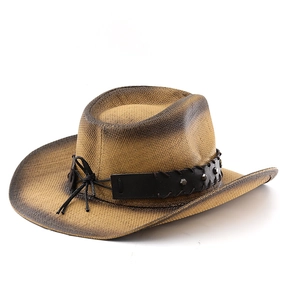 Detail of khaki straw cowboy hat with painted edges and studded leather band decor