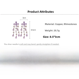 Detail showing purple rhinestone flower tassel earrings with copper material and size specs