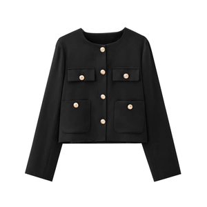Women's black short cropped jacket with gold buttons and four pockets on white background