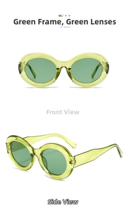 Vorder- und Seitenansicht der ovalen Retro-Harzbrille in Grün mit runden Gläsern
