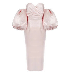 Detail of elegant pink satin off-shoulder dress featuring puffy sleeves and pleated bodice