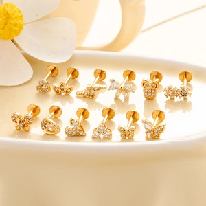 Set of 12 gold stainless steel stud earrings with heart crown butterfly and zircon inlays