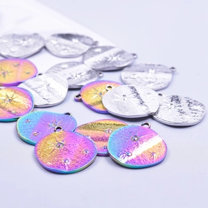 Star engraved stainless steel round pendants in silver and rainbow plating finish