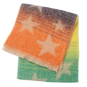 Detail of colorful gradient star scarf featuring soft brushed texture and fringed edges