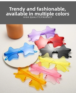 Macro shot of rimless star-shaped sunglasses in seven translucent candy colors