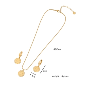 Detailed view of gold stainless steel coin jewelry set with dimensions and weight specs