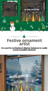 Detail of Christmas window decals featuring golden trees, snowmen, and festive snowflakes