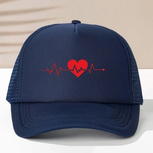 Navy blue trucker hat with red heartbeat pattern and breathable mesh back
