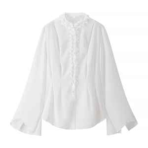 Elegant white blouse for women featuring ruffle trim neckline and stylish flare sleeves