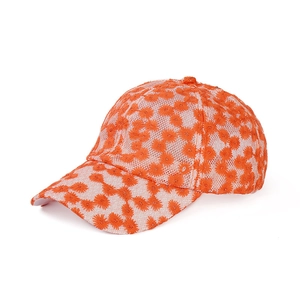 Breathable orange floral mesh baseball cap with embroidered daisy patterns for sun protection.