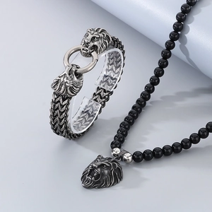 Vintage black agate necklace and lion head stainless steel bracelet jewelry set for men