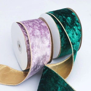 Velvet Christmas ribbon with gold edges in purple and dark green, wire-edged rolls