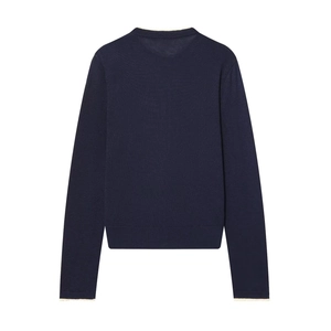 Classic navy blue long-sleeve knit cardigan with crew neck and ribbed cuffs, back view