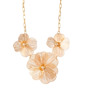 Luxury gold-plated metal necklace featuring intricate hollow floral pendants on white background