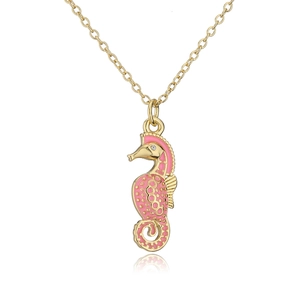 Elegant 18K gold plated necklace with a cute pink enamel seahorse pendant and zircon eye