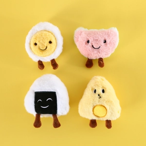 Cute food-shaped plush cat toys set with egg, onigiri, and bread in soft fabric