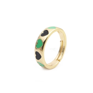 Fashionable adjustable gold heart ring with green and black enamel drip oil pattern