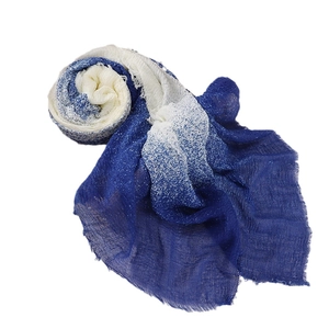 Blue and white gradient silk scarf with pleated texture and frayed edges for women