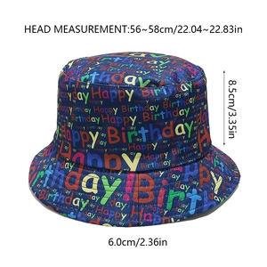 Size chart of navy bucket hat with Happy Birthday print showing dimensions 56-58cm
