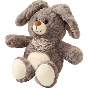 Lindo conejo de peluche gris con bufanda floral y barriga blanca de perfil