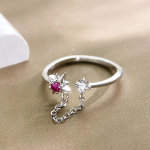Anillo de cadena de plata esterlina S925 con estrella de cuatro puntas y circón rosa