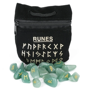 Green crystal rune stones set with golden engraving and black velvet storage bag