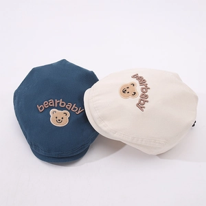 Fashionable baby bear embroidery berets in navy and cream white soft cotton fabric