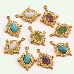 Vintage Oval Natural Stone Pendant Stainless Steel Gold Plated Turquoise Aventurine DIY Jewelry Making For Women Bohemian Style