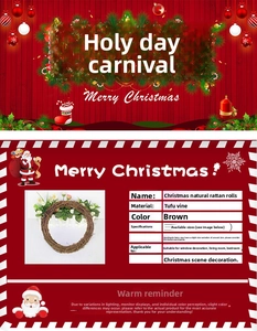 Natural rattan Christmas wreath details with brown vines, green leaves and white flowers