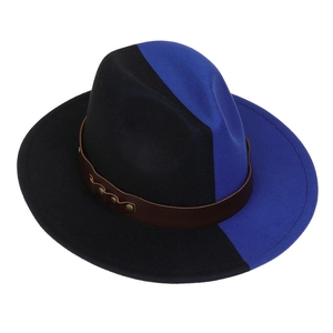 Detailed view of bicolor wool fedora hat in black and royal blue with leather belt strap