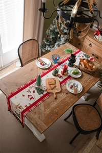 Detail view of jacquard table runner with Merry Christmas text and festive holiday motifs