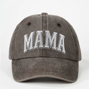 Detailed view of white MAMA 3D embroidery on vintage washed grey baseball cap fabric