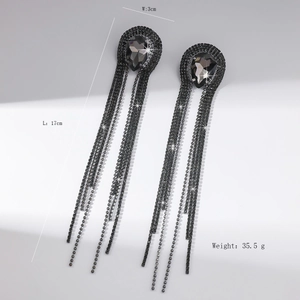 Detail view showing black rhinestone long tassel earrings with 17cm length and metal base