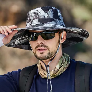 Chapeau de soleil extérieur camouflage avec large bord et cordon réglable pour la pêche